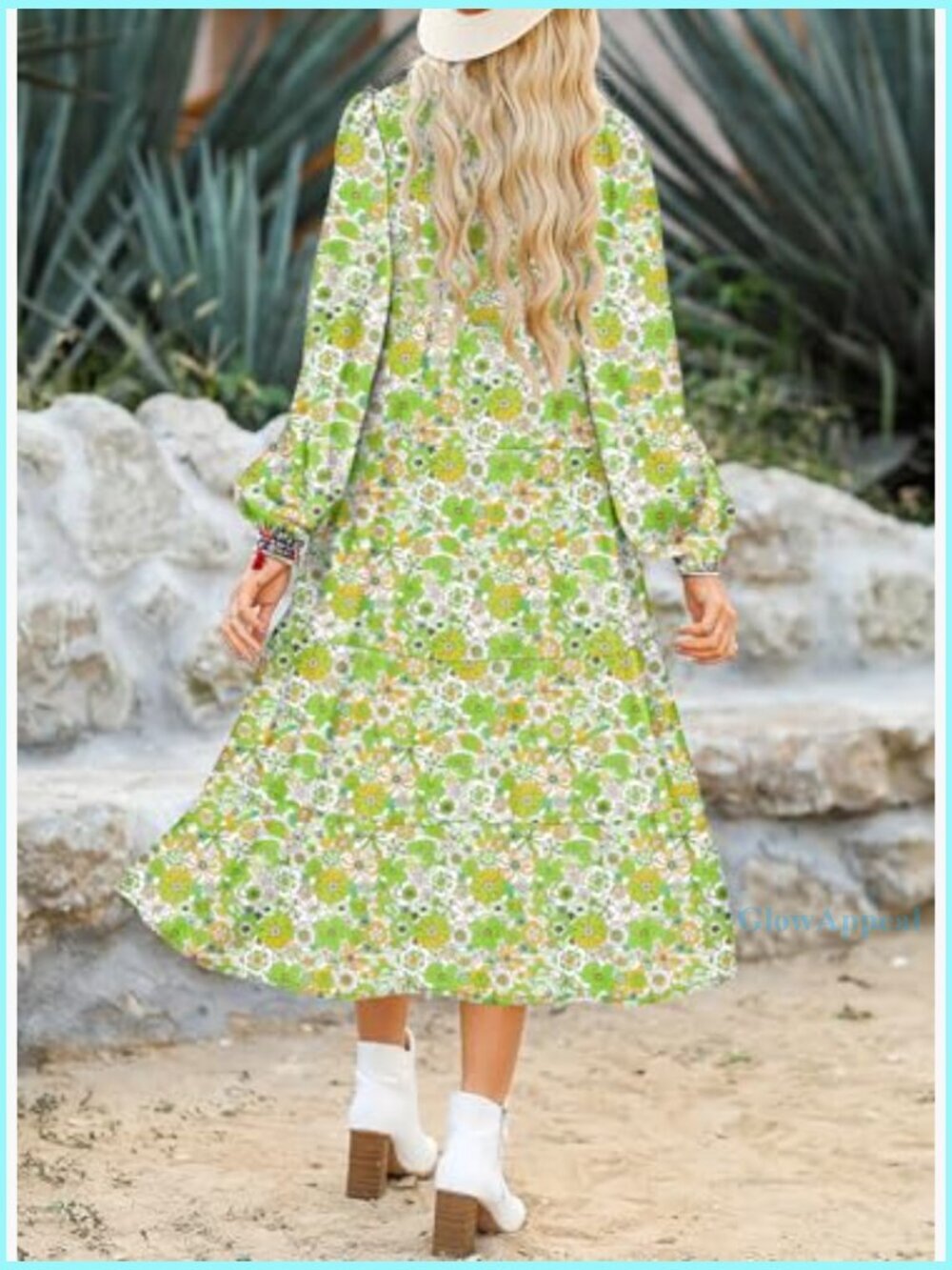 Long Sleeve V-Neck Floral Midi Dress, Bohemian Summer Beach Style - Picture 2 of 7